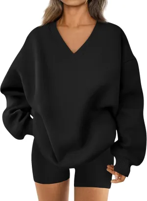 Oversized Sweatshirt for Women Fleece Hoodies Pullover V Neck Long Sleeve Shirts Sweatshirt No Hood Loose Fitting Tops