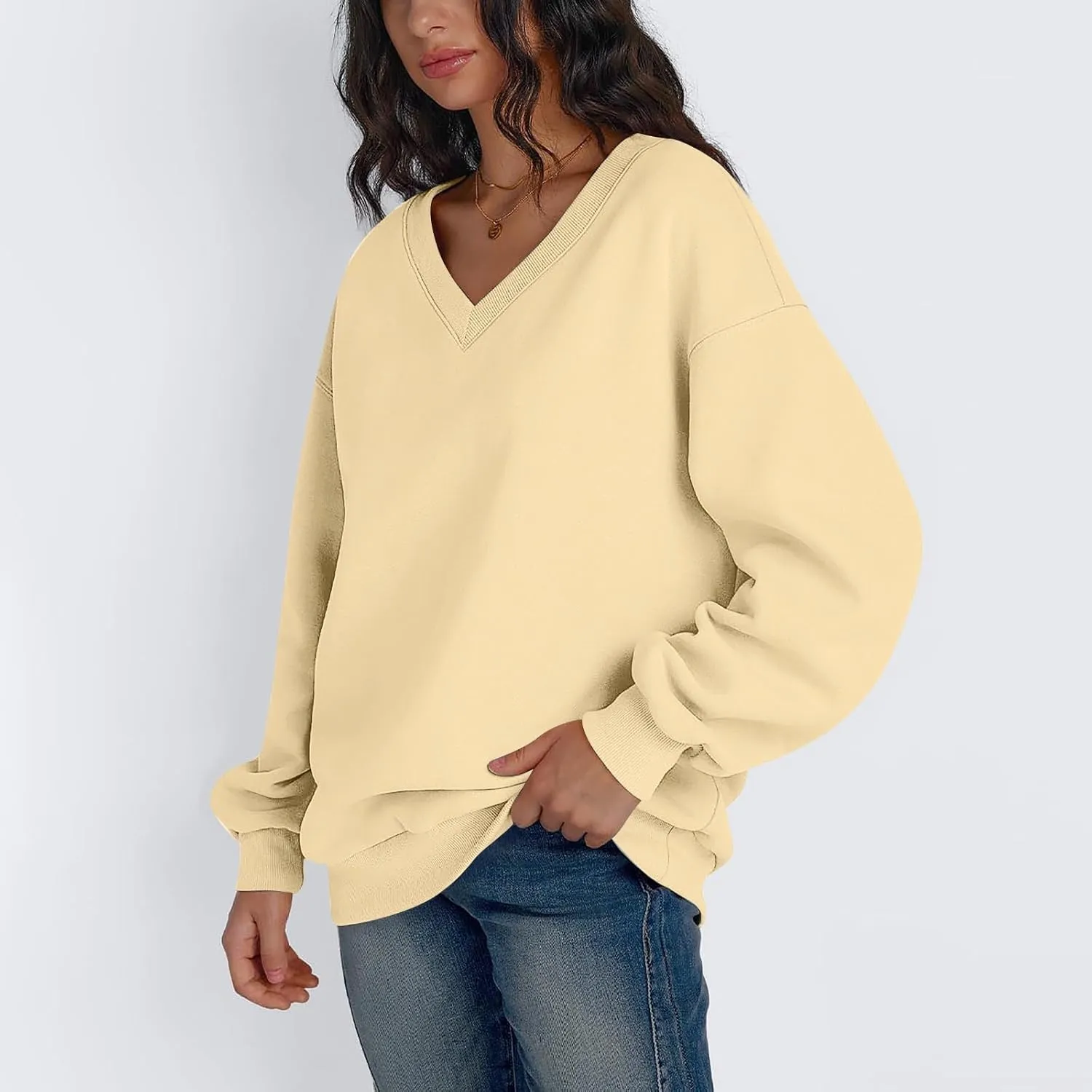 Oversized Sweatshirt for Women Fleece Hoodies Pullover V Neck Long Sleeve Shirts Sweatshirt No Hood Loose Fitting Tops