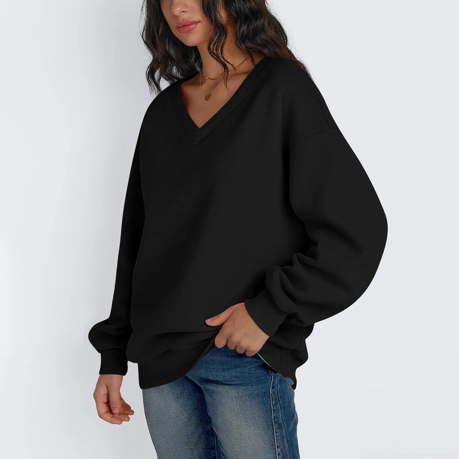 Oversized Sweatshirt for Women Fleece Hoodies Pullover V Neck Long Sleeve Shirts Sweatshirt No Hood Loose Fitting Tops