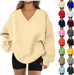 Oversized Sweatshirt for Women Fleece Hoodies Pullover V Neck Long Sleeve Shirts Sweatshirt No Hood Loose Fitting Tops