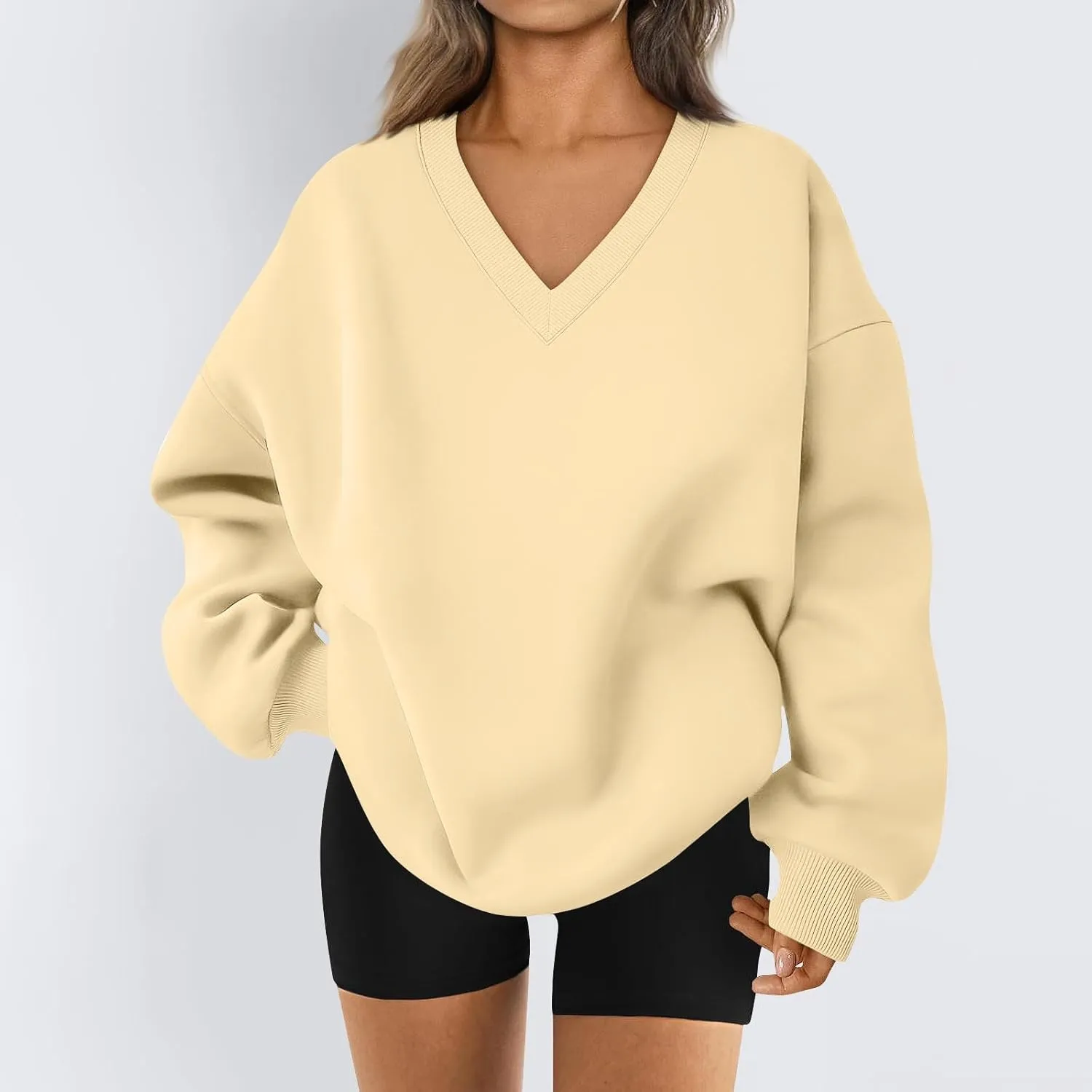 Oversized Sweatshirt for Women Fleece Hoodies Pullover V Neck Long Sleeve Shirts Sweatshirt No Hood Loose Fitting Tops