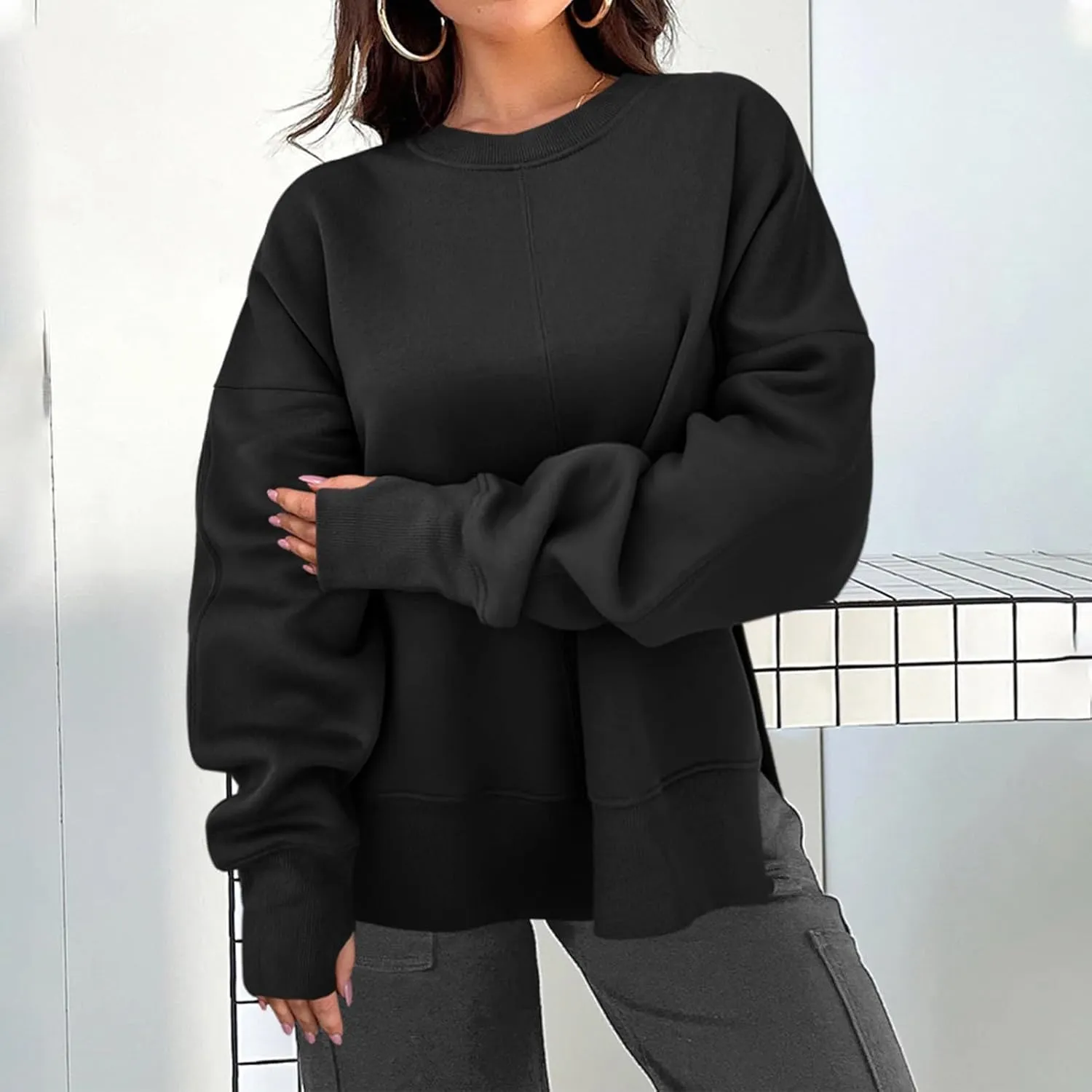 Oversized Sweatshirt for Women Loose Fit Crewneck Side Slit Draped Pullover Sweaters Casual Long Sleeve Comfrt Hoodies