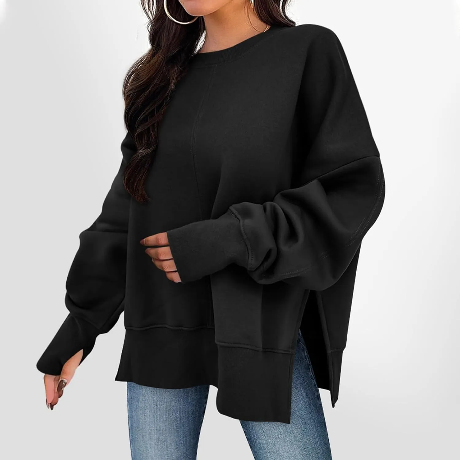 Oversized Sweatshirt for Women Loose Fit Crewneck Side Slit Draped Pullover Sweaters Casual Long Sleeve Comfrt Hoodies