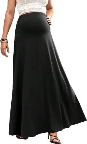 OYOANGLE Women's Maternity High Waist A Line Flared Swing Pregnancy Long Maxi Skirt