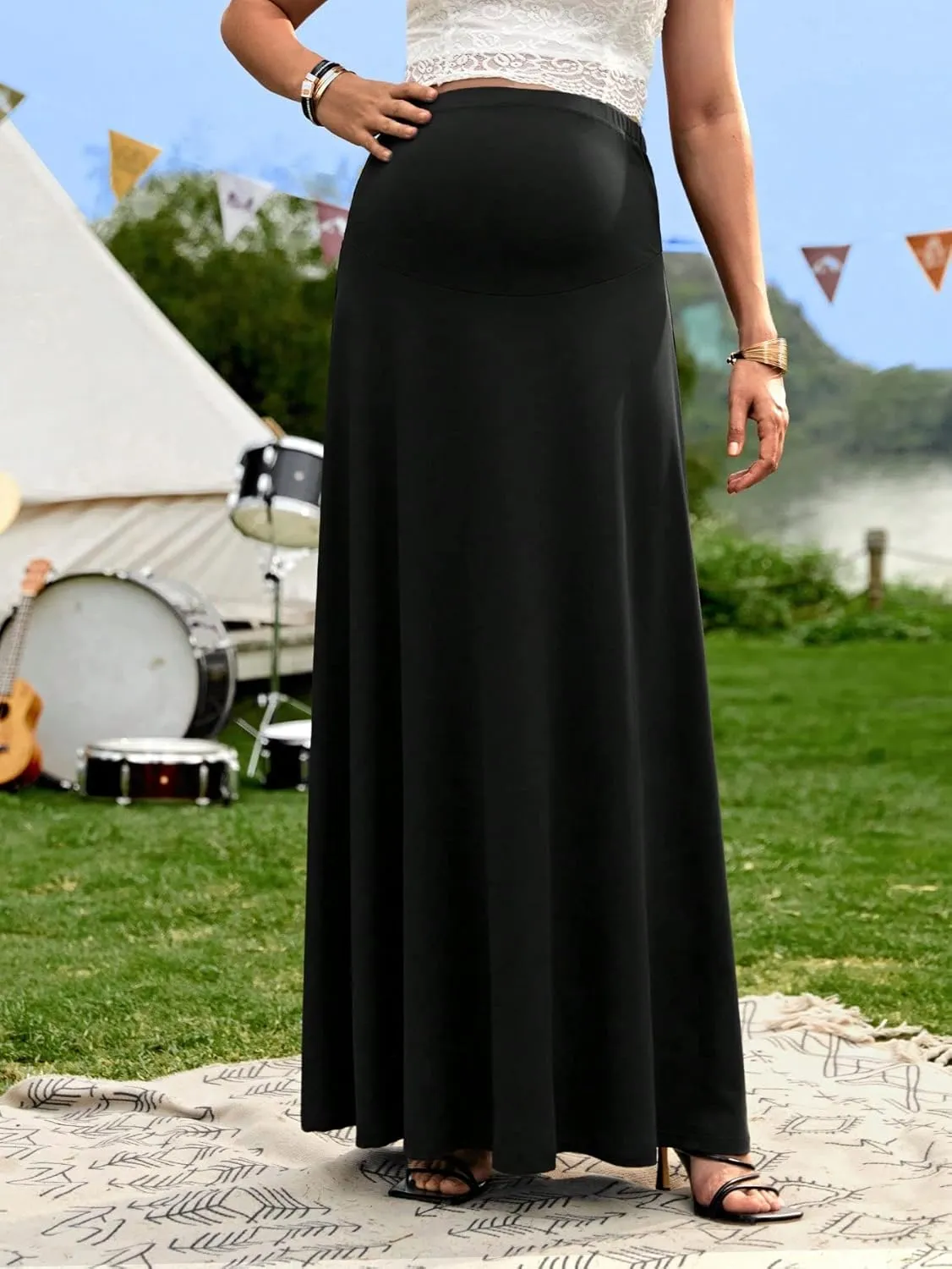 OYOANGLE Women's Maternity High Waist A Line Flared Swing Pregnancy Long Maxi Skirt