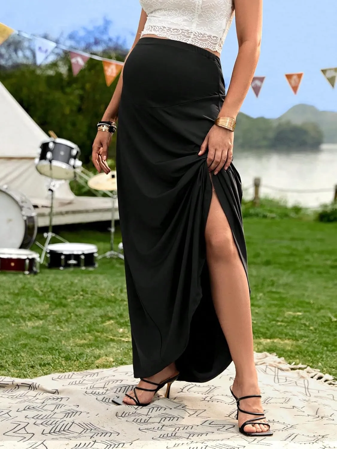 OYOANGLE Women's Maternity High Waist A Line Flared Swing Pregnancy Long Maxi Skirt