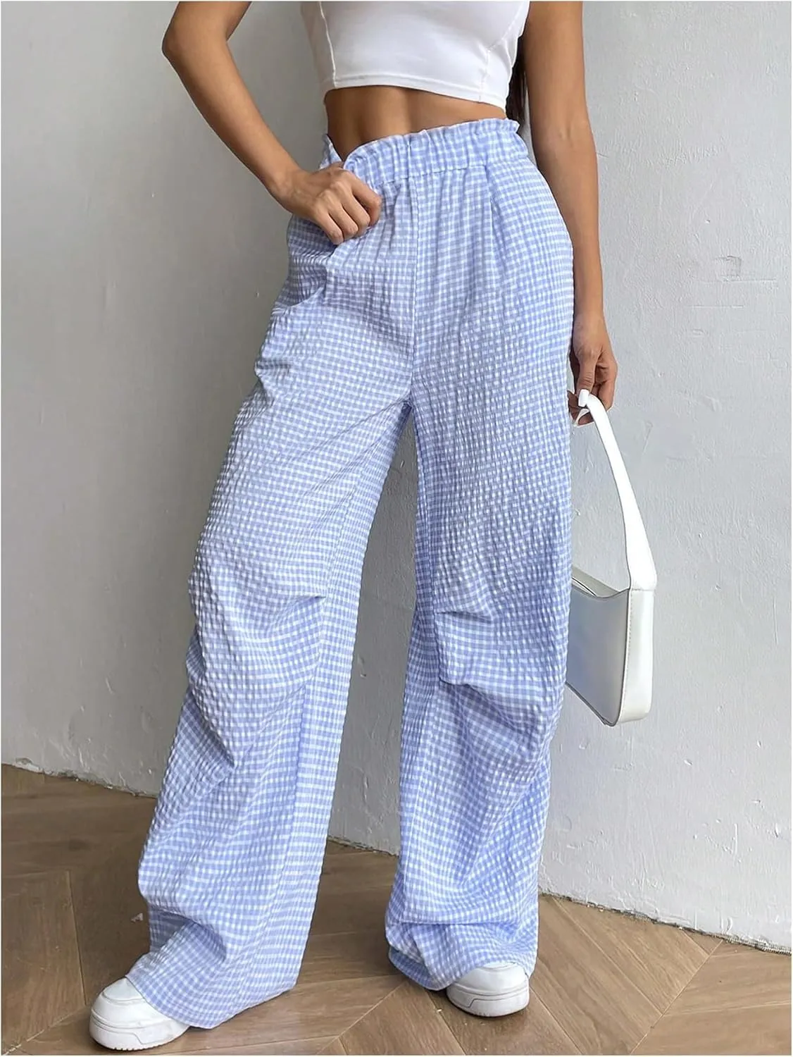 OYOANGLE Women's Plaid Print Elastic High Waist Straight Leg Pants Y2k Casual Loose Long Trousers