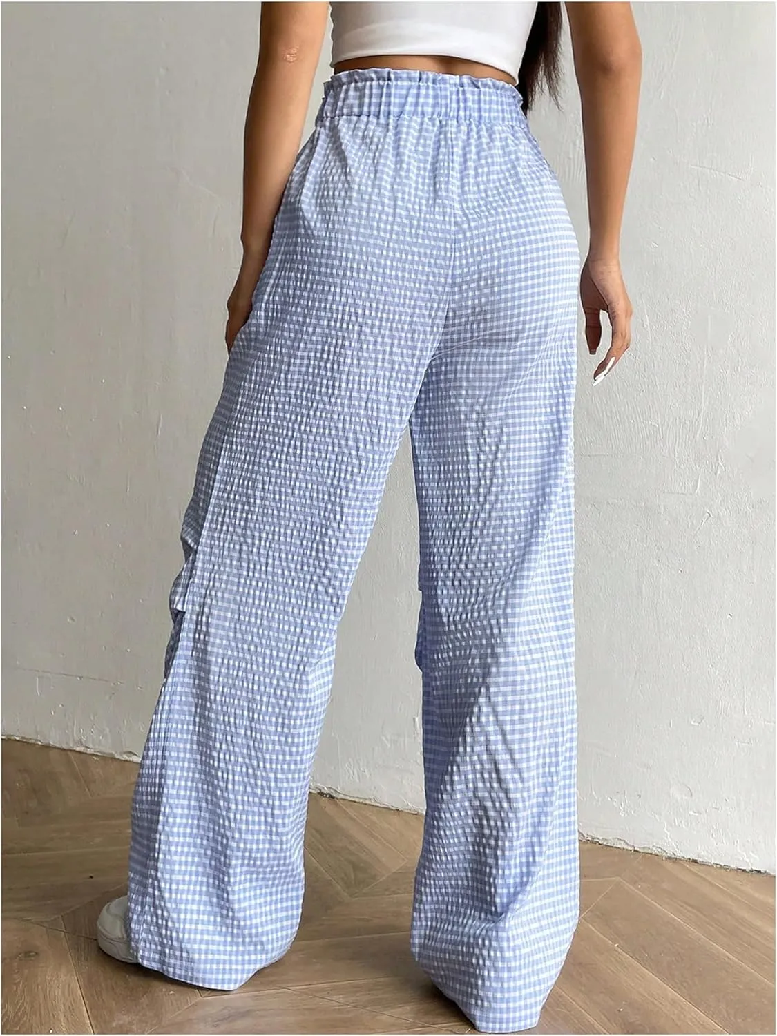 OYOANGLE Women's Plaid Print Elastic High Waist Straight Leg Pants Y2k Casual Loose Long Trousers