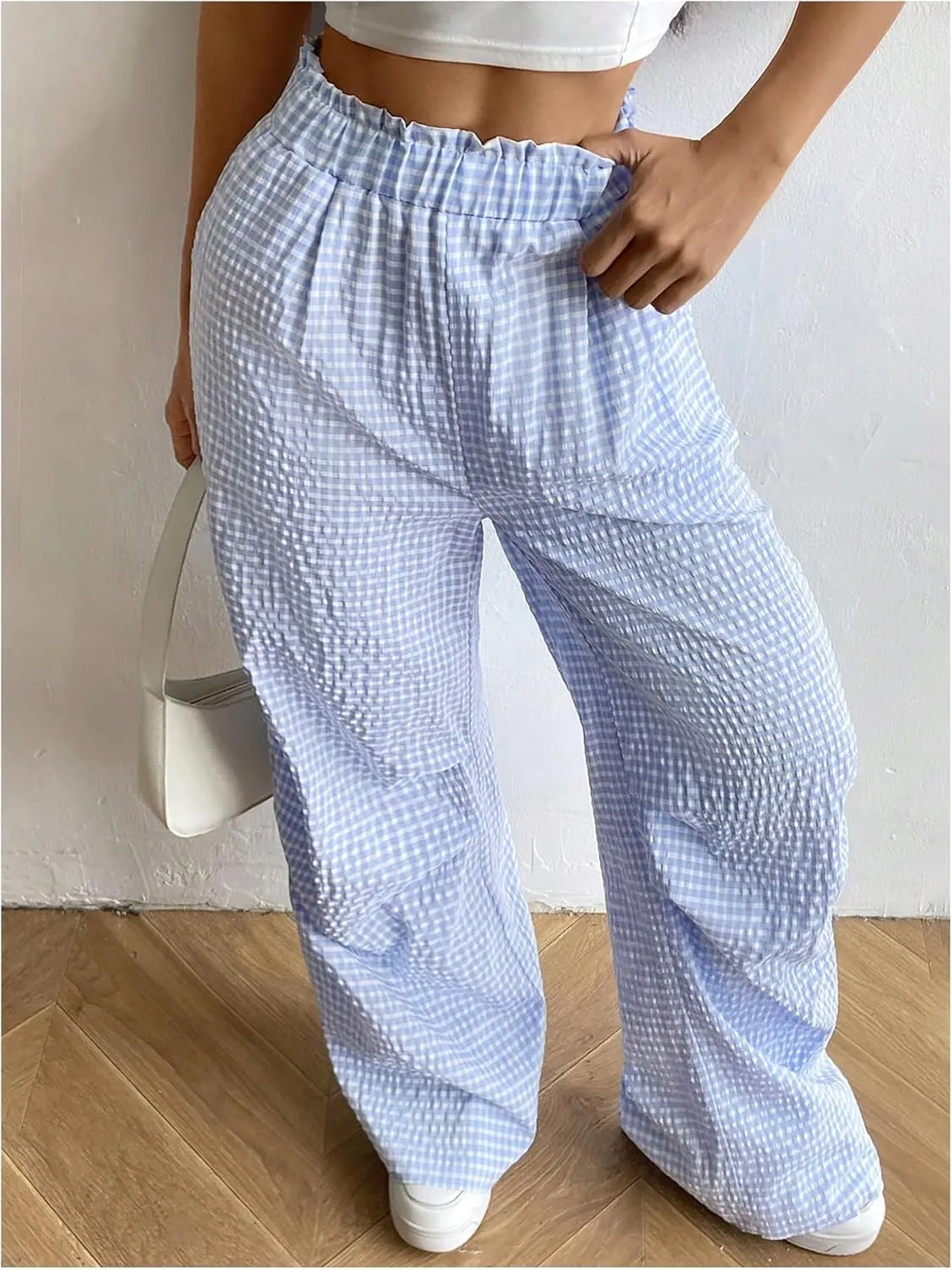 OYOANGLE Women's Plaid Print Elastic High Waist Straight Leg Pants Y2k Casual Loose Long Trousers