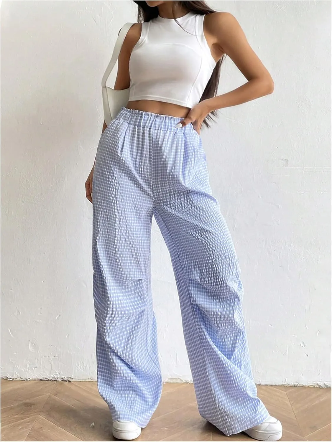 OYOANGLE Women's Plaid Print Elastic High Waist Straight Leg Pants Y2k Casual Loose Long Trousers