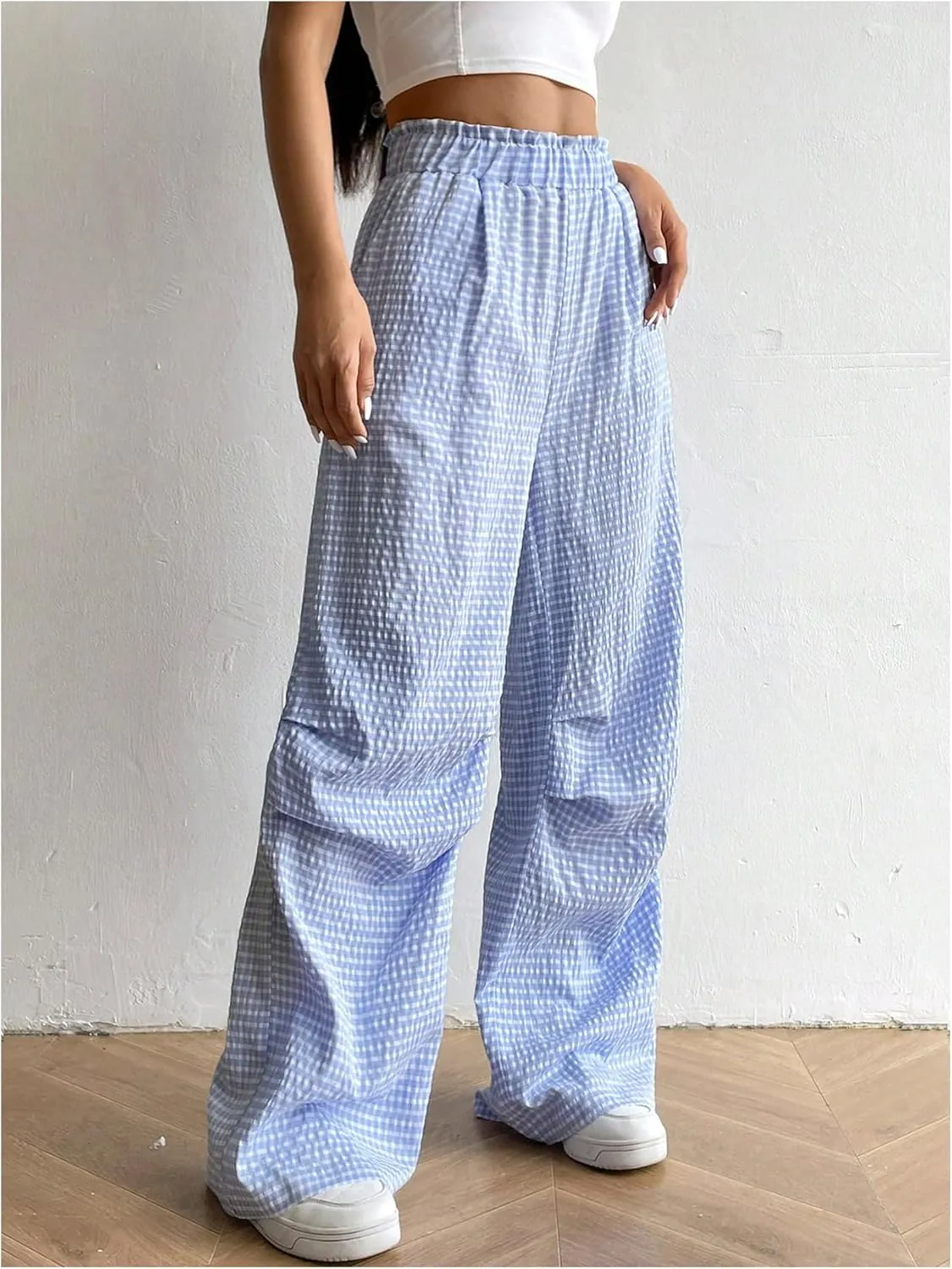 OYOANGLE Women's Plaid Print Elastic High Waist Straight Leg Pants Y2k Casual Loose Long Trousers