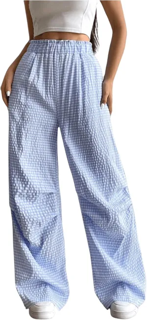 OYOANGLE Women's Plaid Print Elastic High Waist Straight Leg Pants Y2k Casual Loose Long Trousers