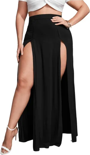 OYOANGLE Women's Plus Size Solid High Waisted Split Thigh A Line Maxi Long Beach Skirt