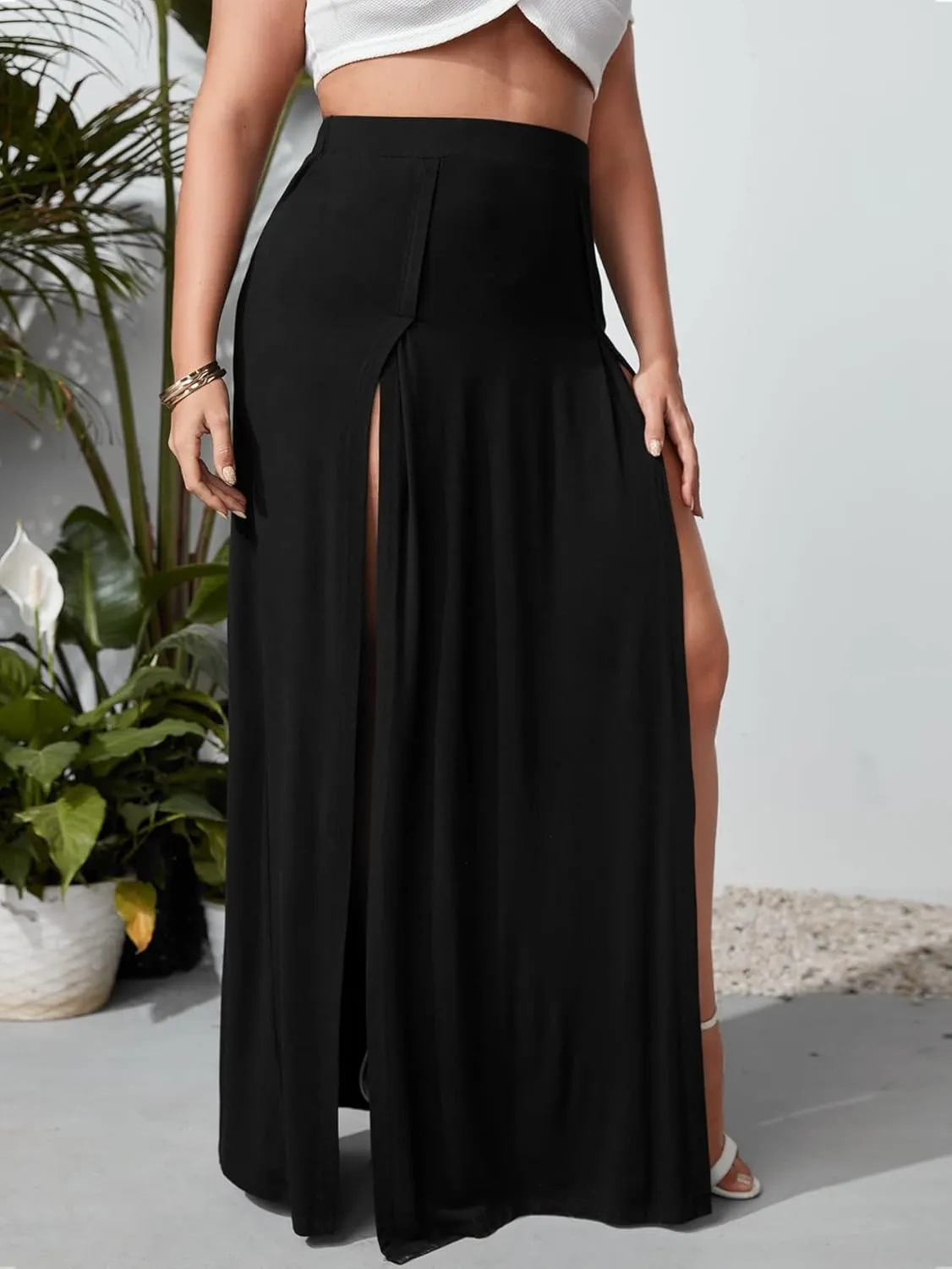 OYOANGLE Women's Plus Size Solid High Waisted Split Thigh A Line Maxi Long Beach Skirt