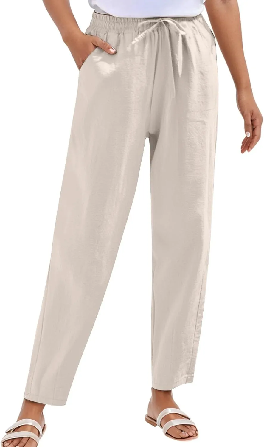 Pants for Women Drawstring Waist Casual Trousers Linen-Like Fabric Relaxed Fit Elastic Cuffs for Daily Activities