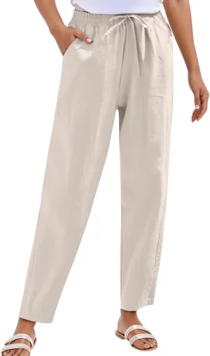 Pants for Women Drawstring Waist Casual Trousers Linen-Like Fabric Relaxed Fit Elastic Cuffs for Daily Activities