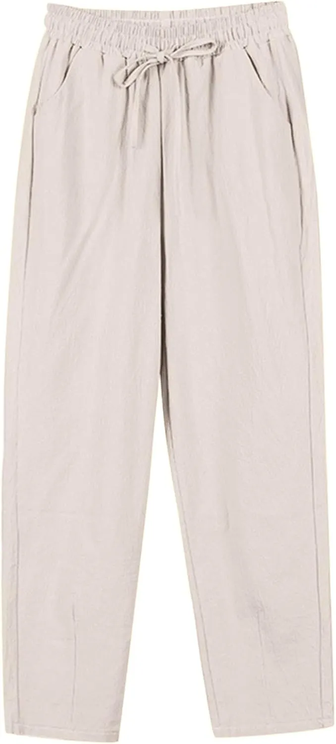 Pants for Women Drawstring Waist Casual Trousers Linen-Like Fabric Relaxed Fit Elastic Cuffs for Daily Activities