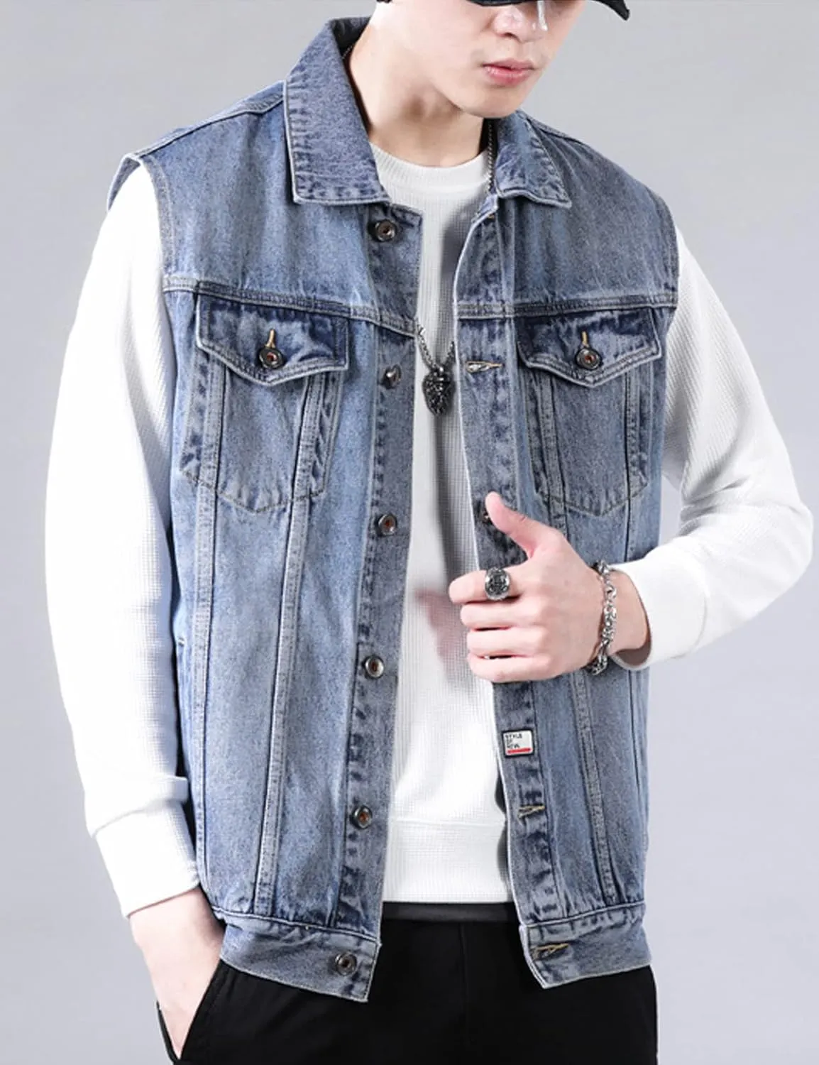 Perbai Men's Denim Vest Loose Button Down Sleeveless Jean Vest Jacket