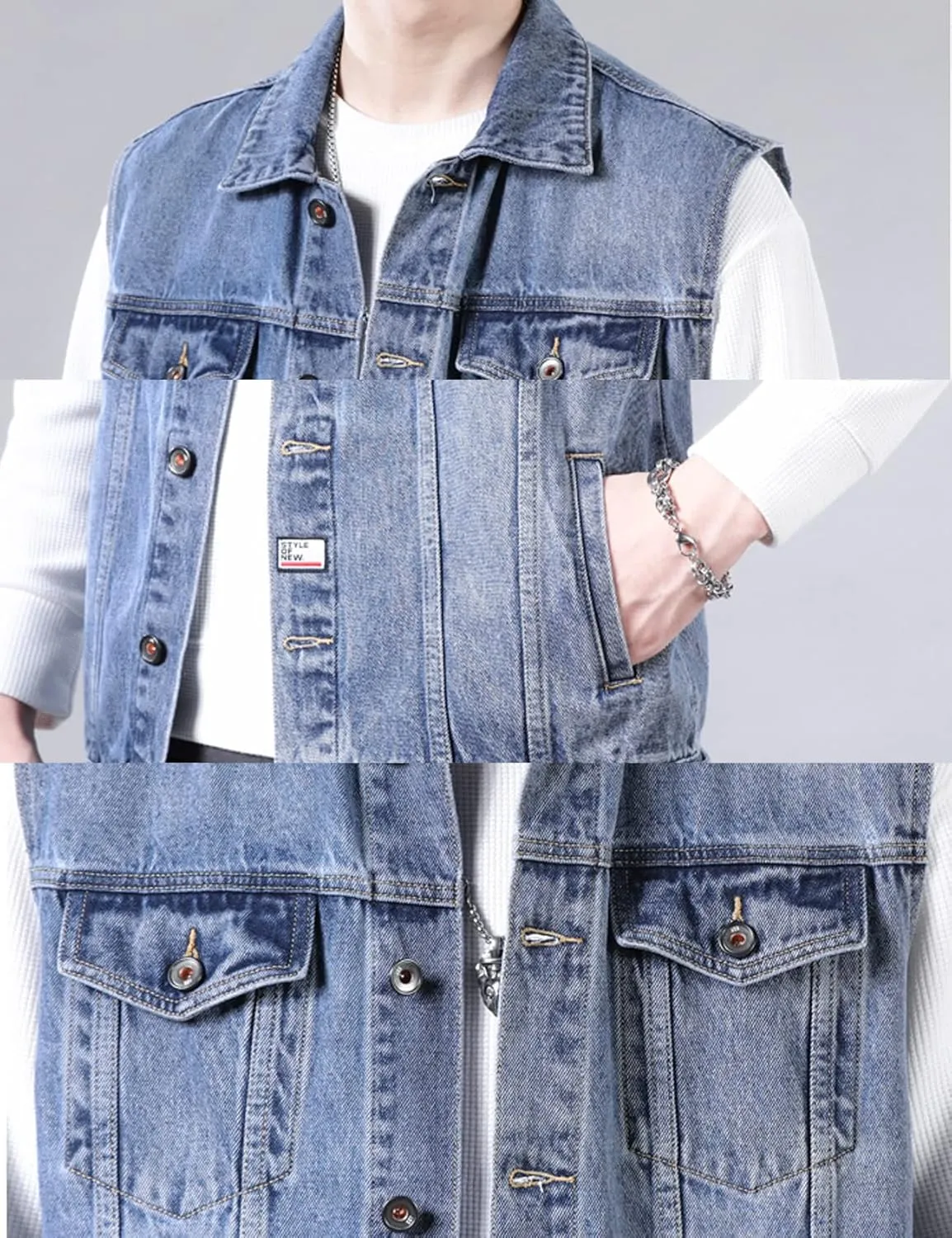 Perbai Men's Denim Vest Loose Button Down Sleeveless Jean Vest Jacket