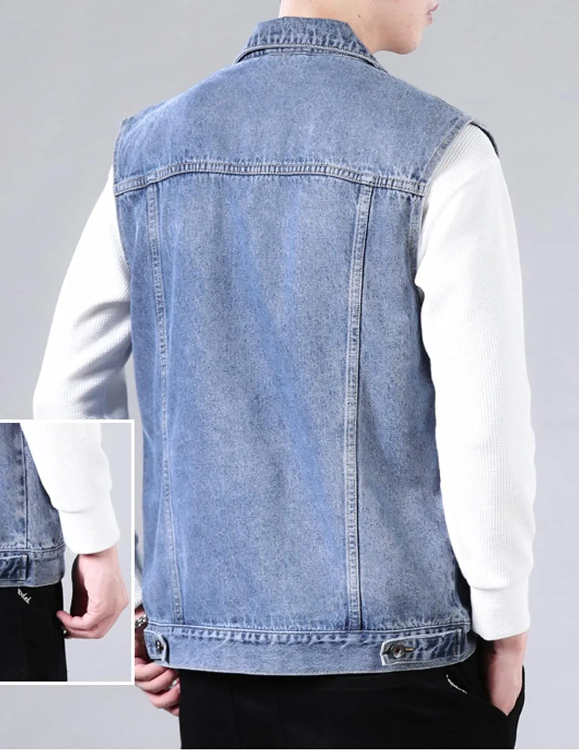 Perbai Men's Denim Vest Loose Button Down Sleeveless Jean Vest Jacket