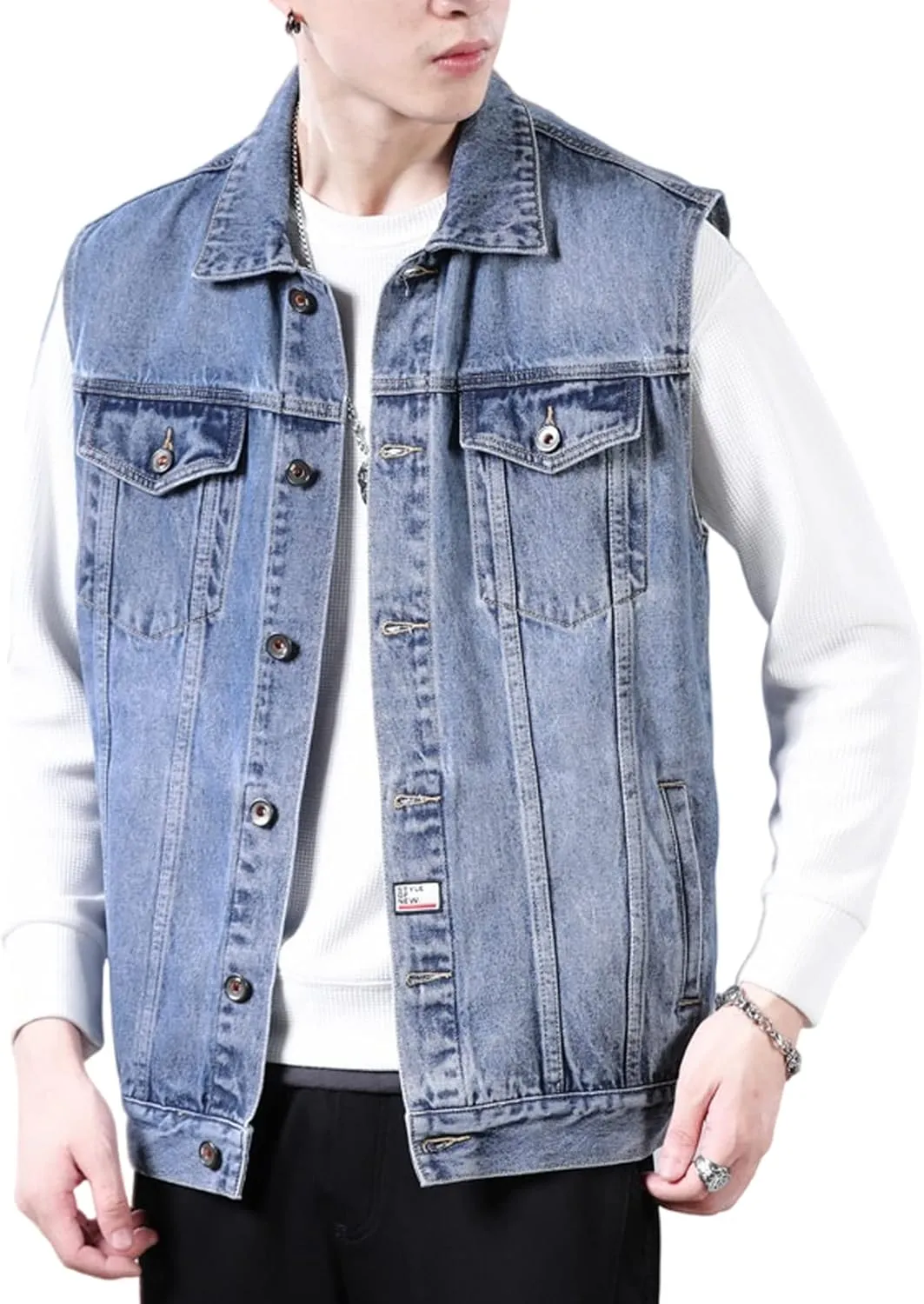 Perbai Men's Denim Vest Loose Button Down Sleeveless Jean Vest Jacket