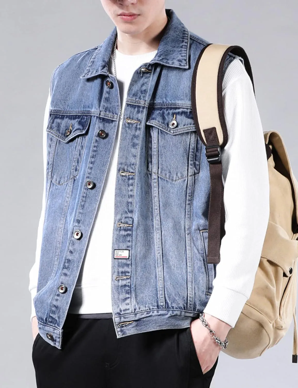 Perbai Men's Denim Vest Loose Button Down Sleeveless Jean Vest Jacket