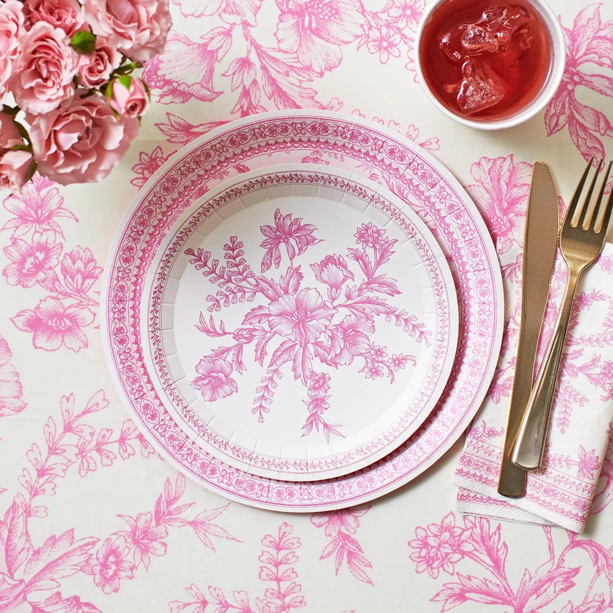 Pink French Toile Paper Tablecloth