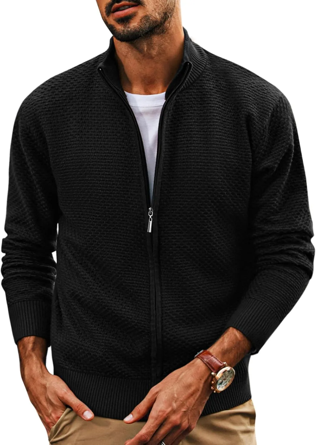 PJ PAUL JONES Men's Full Zip Cardigan Sweaters Casual Stand Collar Cardigan Slim Fit Knitted Sweater