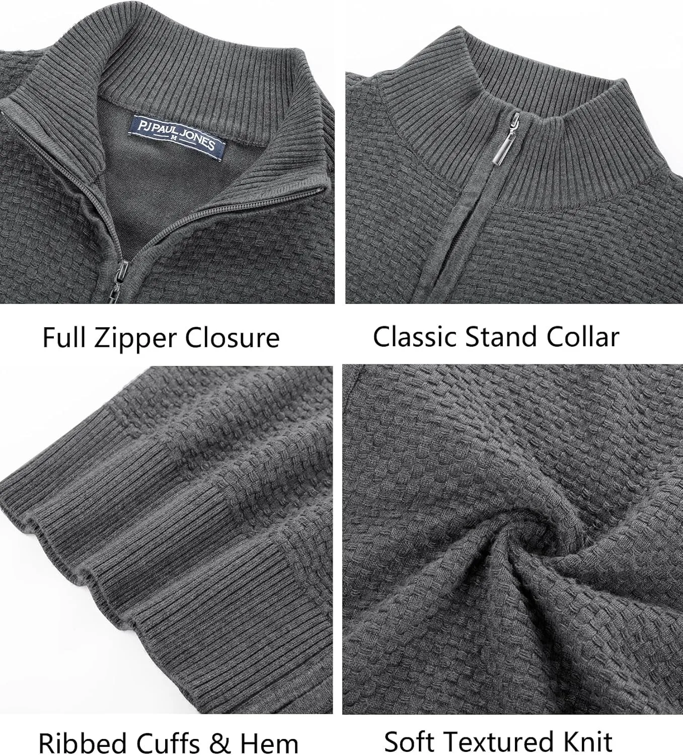 PJ PAUL JONES Men's Full Zip Cardigan Sweaters Casual Stand Collar Cardigan Slim Fit Knitted Sweater