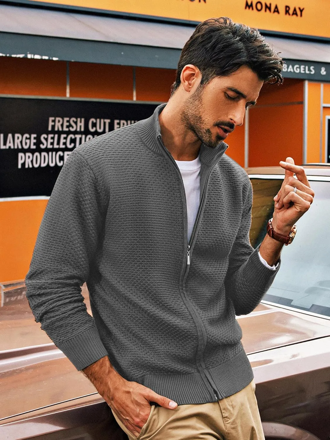 PJ PAUL JONES Men's Full Zip Cardigan Sweaters Casual Stand Collar Cardigan Slim Fit Knitted Sweater