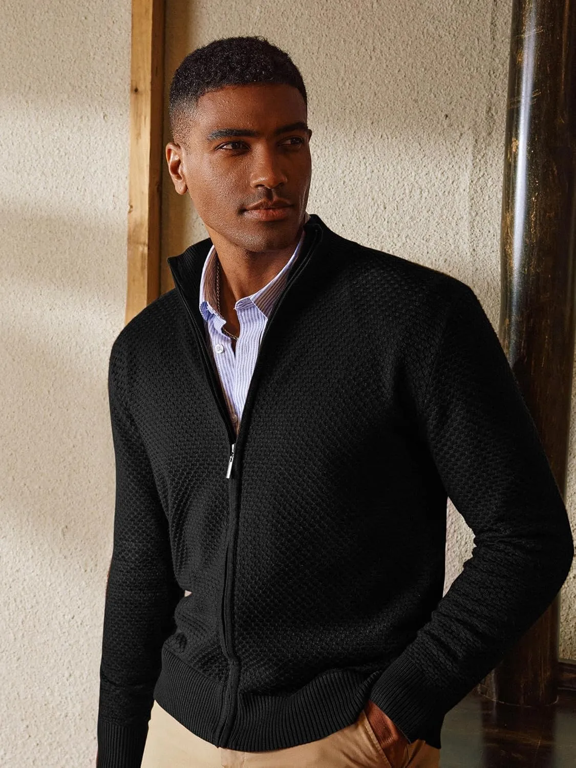 PJ PAUL JONES Men's Full Zip Cardigan Sweaters Casual Stand Collar Cardigan Slim Fit Knitted Sweater