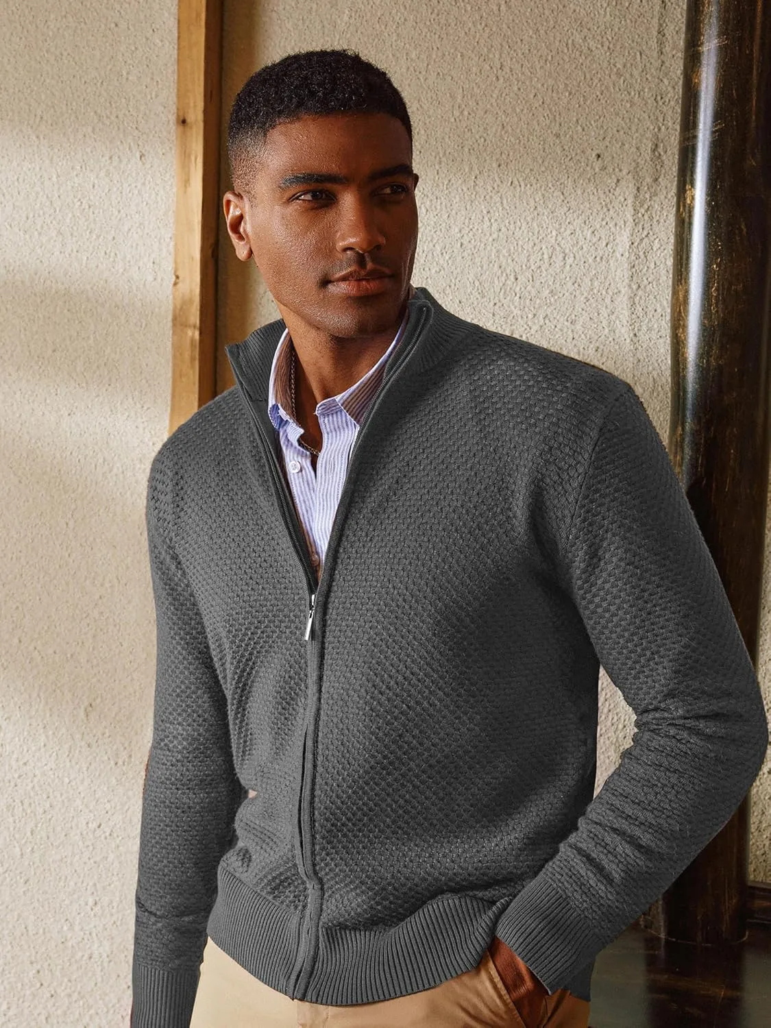 PJ PAUL JONES Men's Full Zip Cardigan Sweaters Casual Stand Collar Cardigan Slim Fit Knitted Sweater