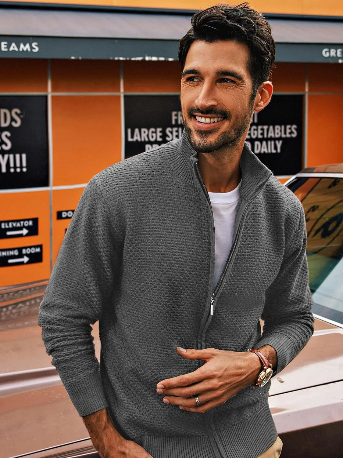PJ PAUL JONES Men's Full Zip Cardigan Sweaters Casual Stand Collar Cardigan Slim Fit Knitted Sweater