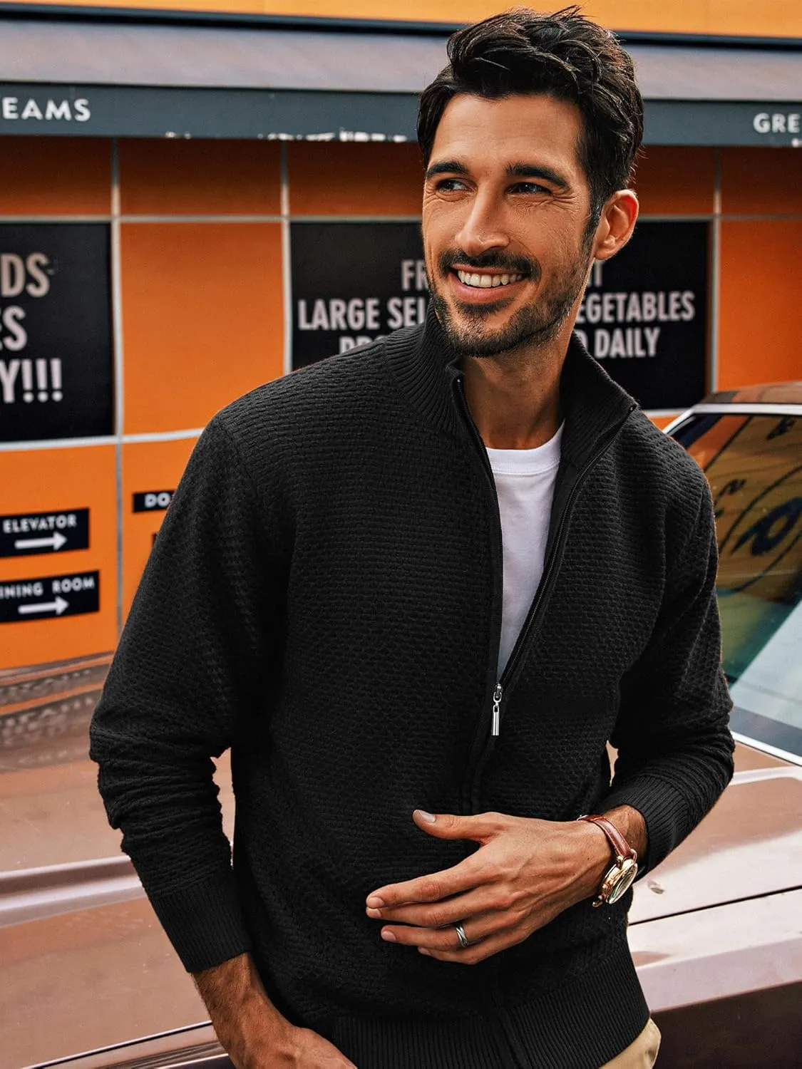 PJ PAUL JONES Men's Full Zip Cardigan Sweaters Casual Stand Collar Cardigan Slim Fit Knitted Sweater