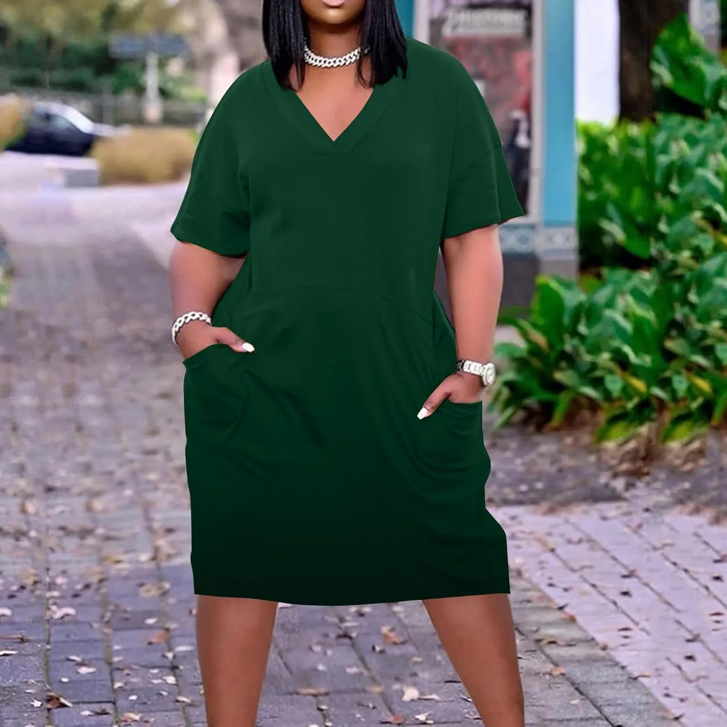 Plus Size Summer Dresses for Women 2024 Midi Dresses Short Sleeve Tshirt Dress Sexy V Neck Dresses with Pocket, Small