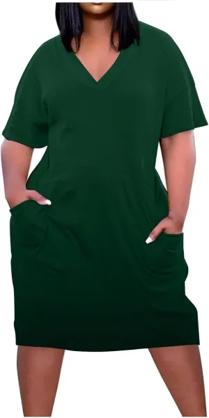 Plus Size Summer Dresses for Women 2024 Midi Dresses Short Sleeve Tshirt Dress Sexy V Neck Dresses with Pocket, Small