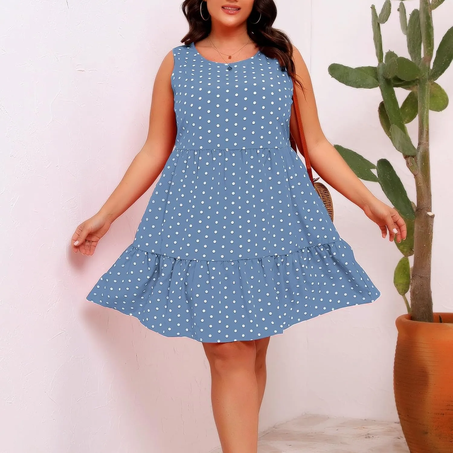 Plus Size Tank Dresses for Women Plus Size Sleeveless Ruffle Hem Flowy Midi Dress Summer Crewneck Casual Dress