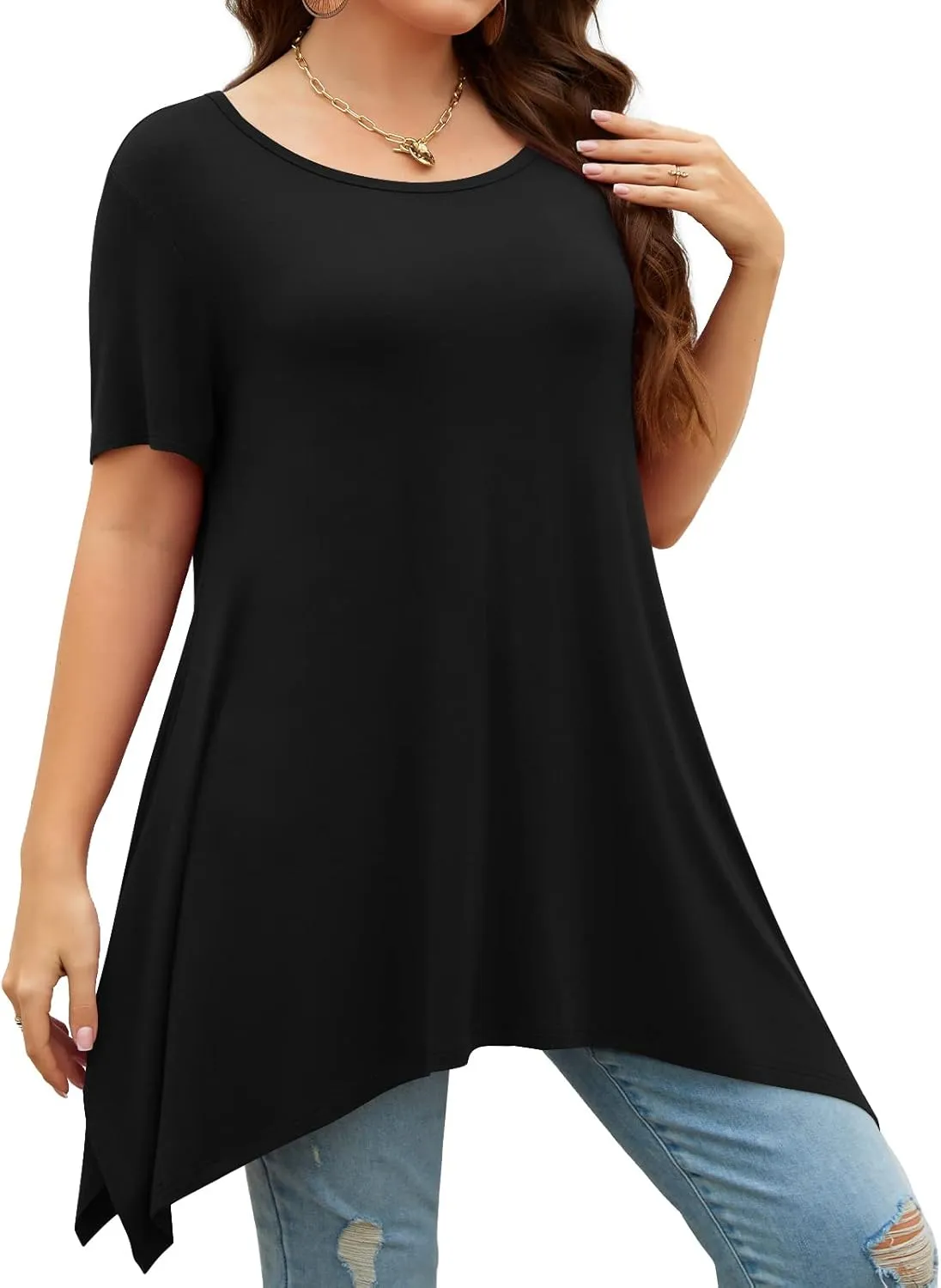 POPYOUNG Short Sleeve Shirts for Womens Plus Size Tunic Summer Swing Asymmetrical Long Tops Blouses with leggings