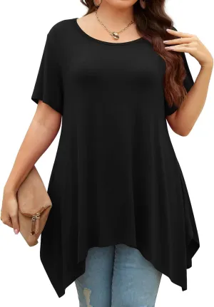 POPYOUNG Short Sleeve Shirts for Womens Plus Size Tunic Summer Swing Asymmetrical Long Tops Blouses with leggings