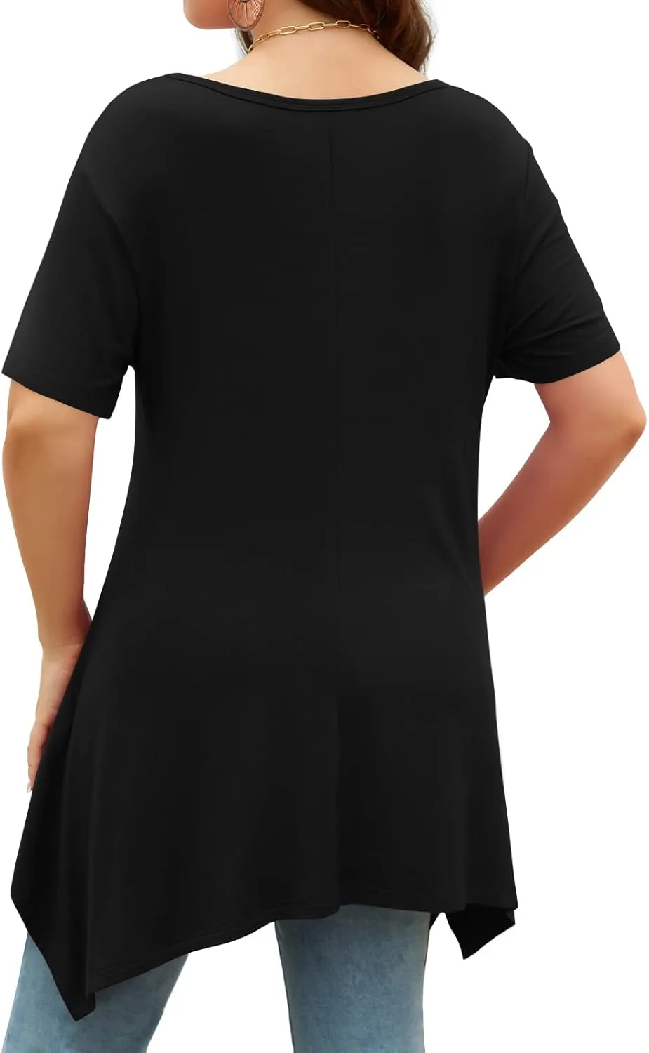 POPYOUNG Short Sleeve Shirts for Womens Plus Size Tunic Summer Swing Asymmetrical Long Tops Blouses with leggings