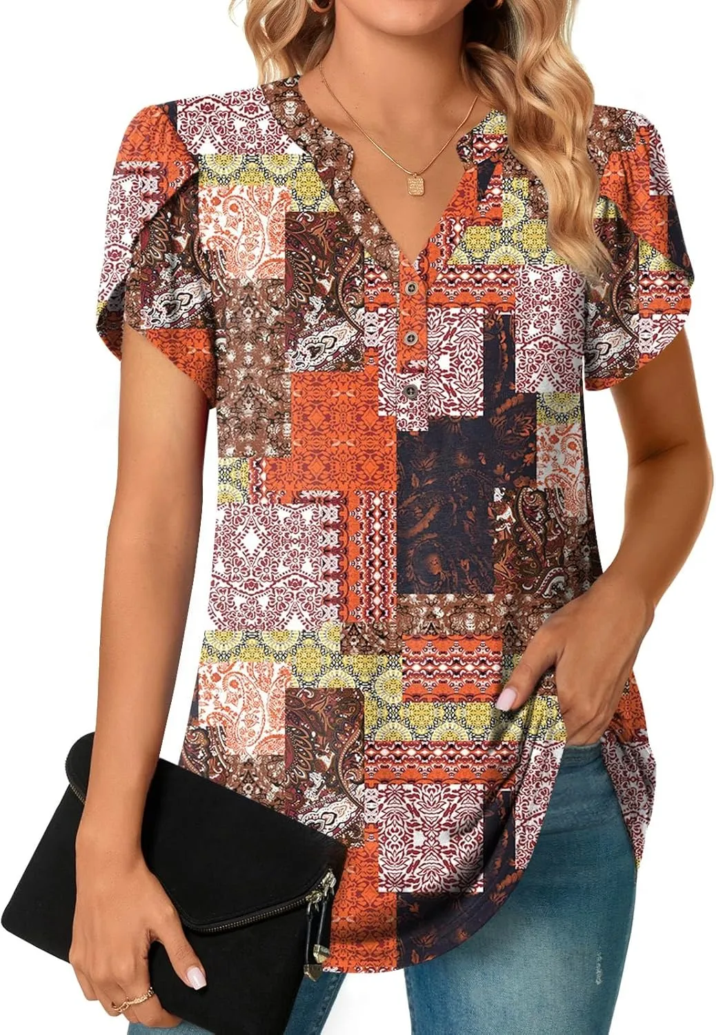 POPYOUNG Womens Plus Size Business Summer Henley Tunic Tops Button Down T-Shirts Petal Sleeve V-Neck Casual Blouses