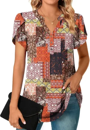 POPYOUNG Womens Plus Size Business Summer Henley Tunic Tops Button Down T-Shirts Petal Sleeve V-Neck Casual Blouses
