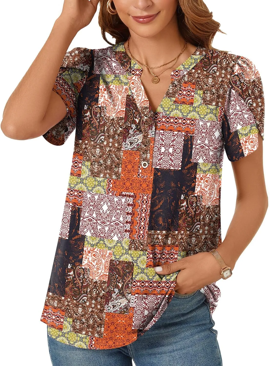 POPYOUNG Womens Plus Size Business Summer Henley Tunic Tops Button Down T-Shirts Petal Sleeve V-Neck Casual Blouses