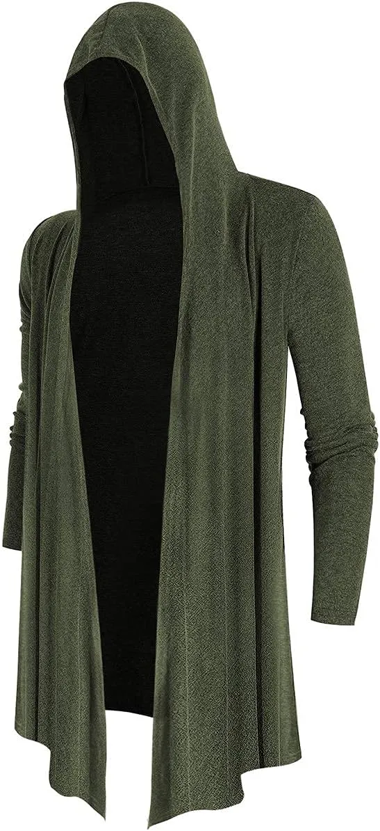 Poriff Mens Draped Cardigans Long Sleeve with Hooded Pockets Long Shawl Ruffle