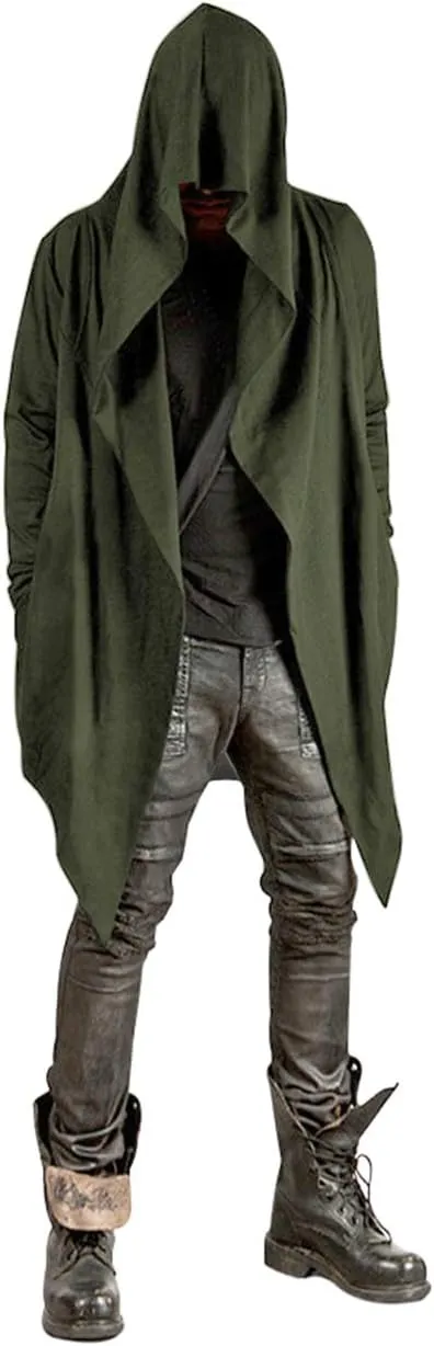 Poriff Mens Draped Cardigans Long Sleeve with Hooded Pockets Long Shawl Ruffle