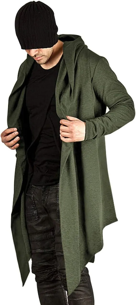 Poriff Mens Draped Cardigans Long Sleeve with Hooded Pockets Long Shawl Ruffle
