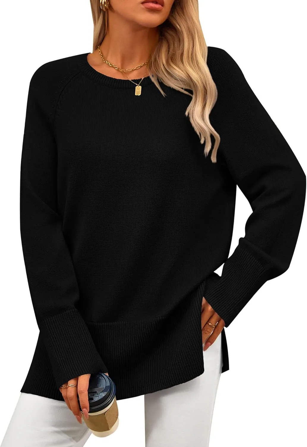 PRETTYGARDEN Women's Knit Spring Sweaters Long Sleeve Pullover Crewneck Split Hem Loose Oversized Tunic Fall Sweater Top