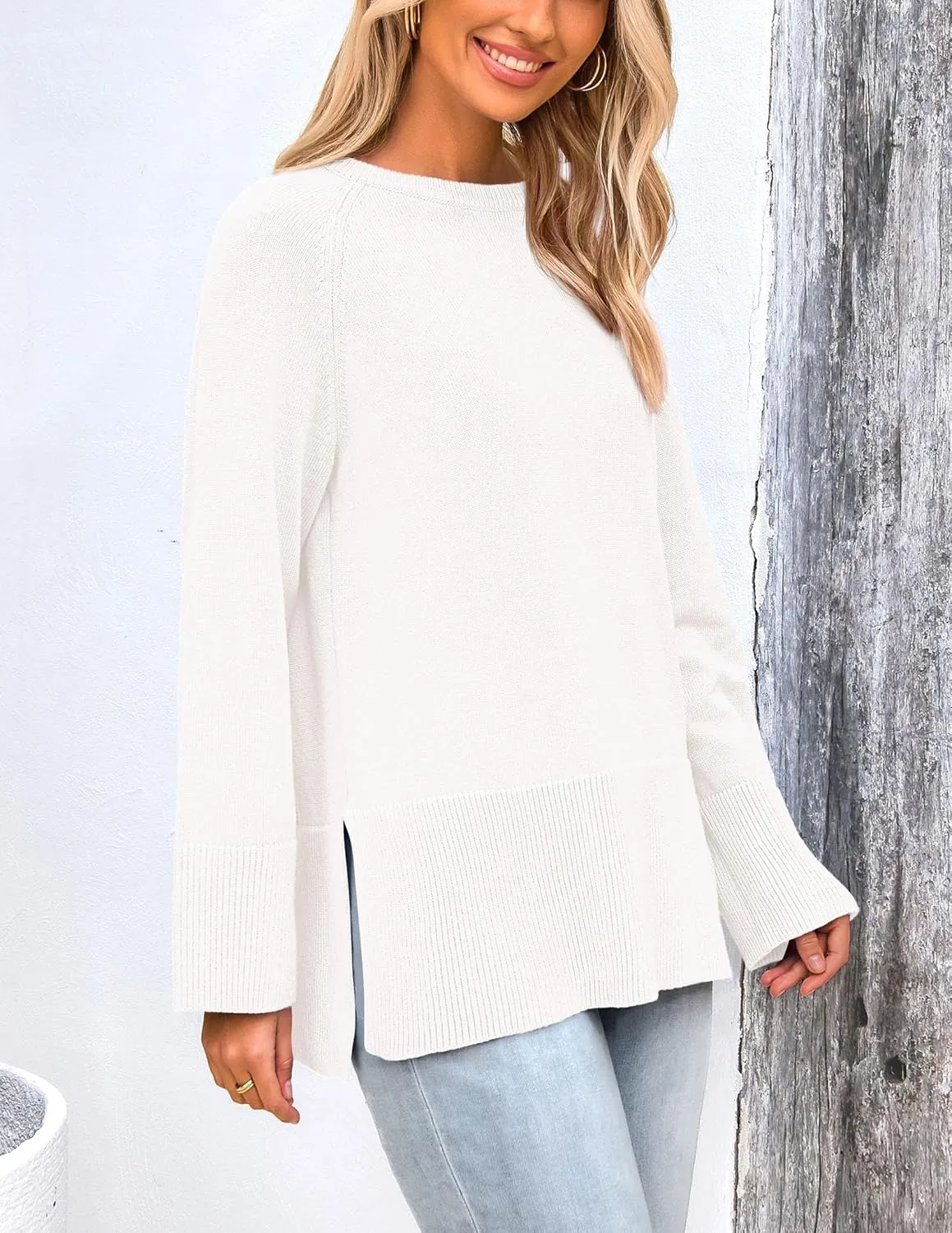 PRETTYGARDEN Women's Knit Spring Sweaters Long Sleeve Pullover Crewneck Split Hem Loose Oversized Tunic Fall Sweater Top