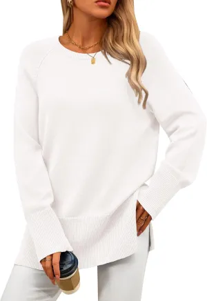 PRETTYGARDEN Women's Knit Spring Sweaters Long Sleeve Pullover Crewneck Split Hem Loose Oversized Tunic Fall Sweater Top