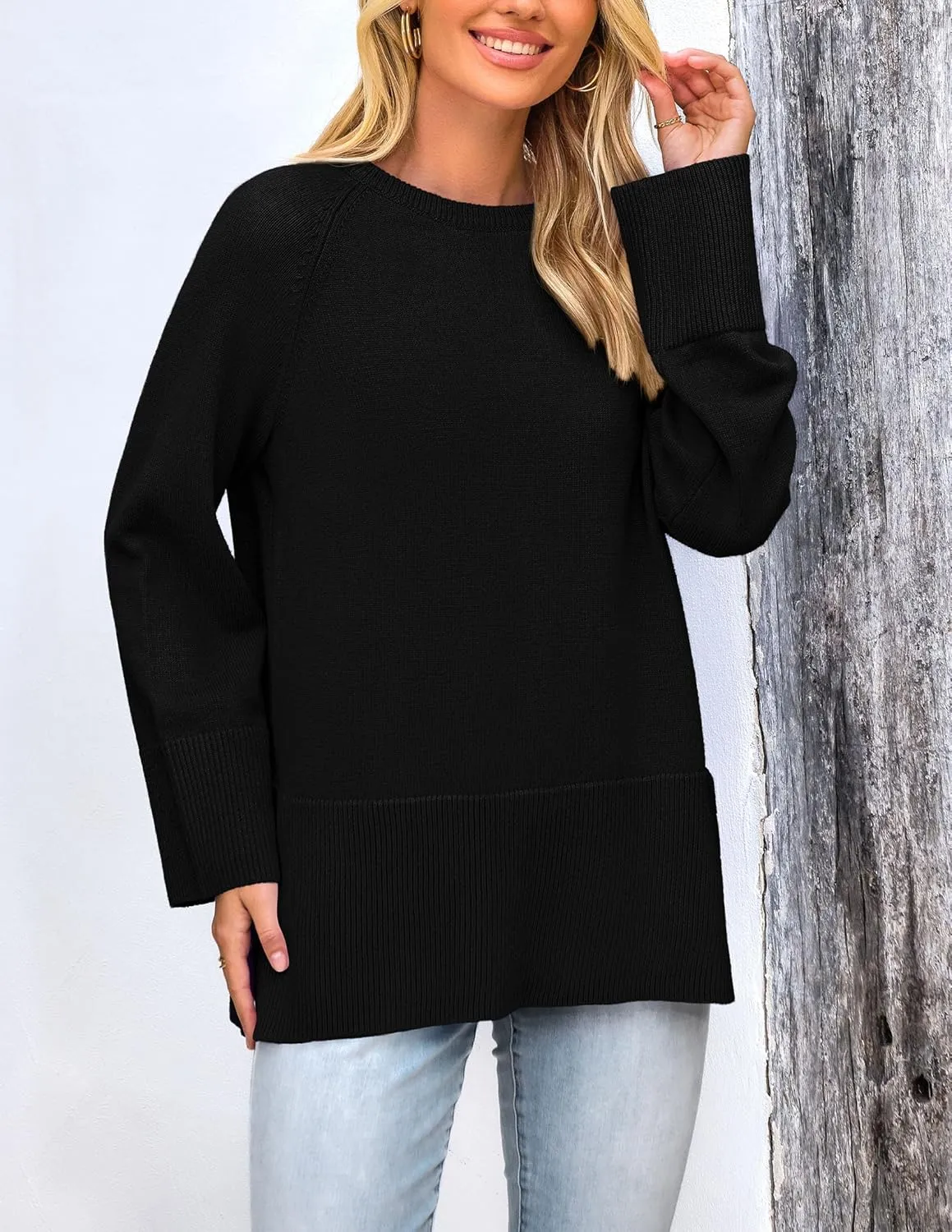 PRETTYGARDEN Women's Knit Spring Sweaters Long Sleeve Pullover Crewneck Split Hem Loose Oversized Tunic Fall Sweater Top